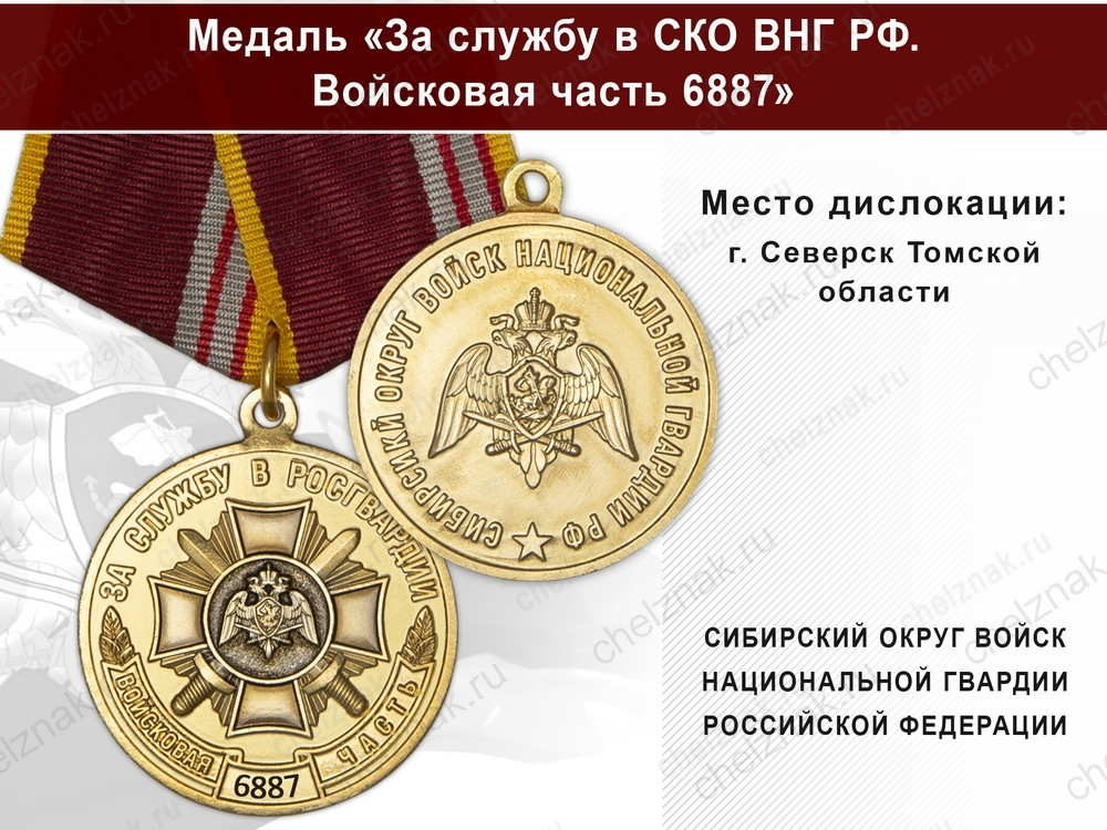 Медаль «За службу в СИБО ВНГ РФ. Войсковая часть 6887» с бланком удостоверения