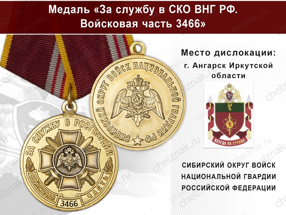 Медаль «За службу в СИБО ВНГ РФ. Войсковая часть 3466» с бланком удостоверения
