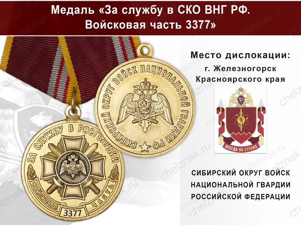 Медаль «За службу в СИБО ВНГ РФ. Войсковая часть 3377» с бланком удостоверения
