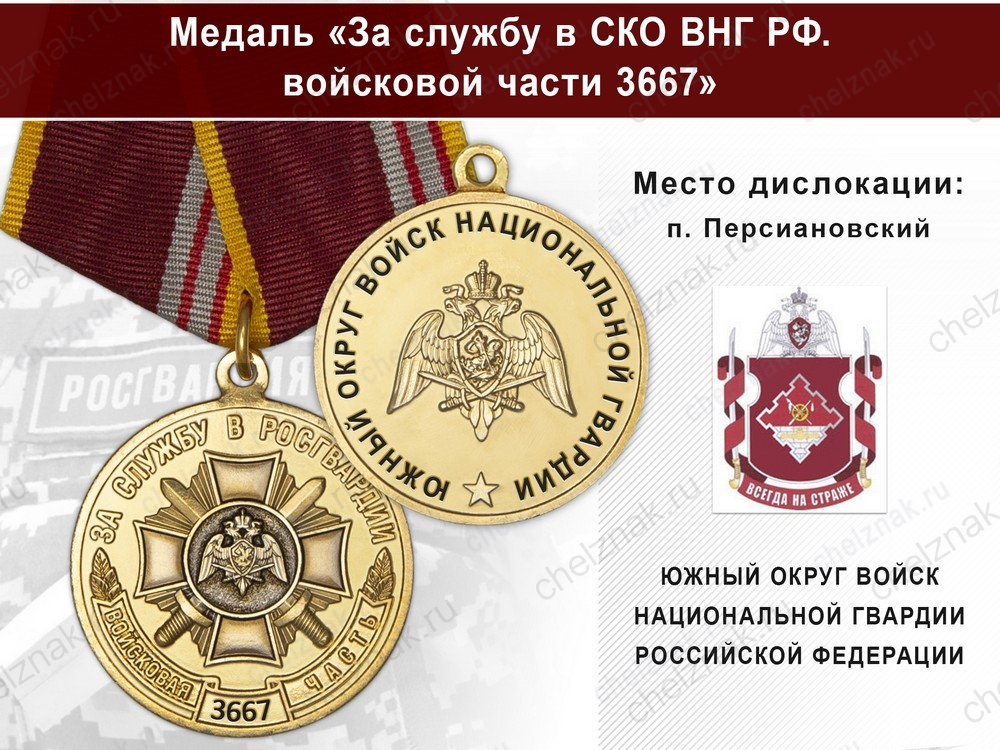 Медаль «За службу в ЮО ВНГ РФ. Войсковая часть 3667» с бланком удостоверения