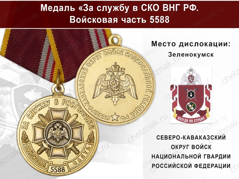 Медаль «За службу в СКО ВНГ РФ. Войсковая часть 5588» с бланком удостоверения