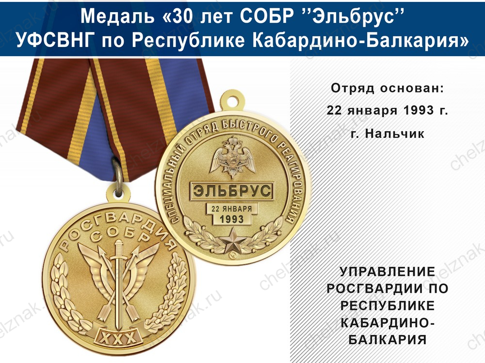 Медаль «30 лет СОБР "Эльбрус" СОБР УФСВНГ по Республике Кабардино-Балкария» с бланком удостоверения