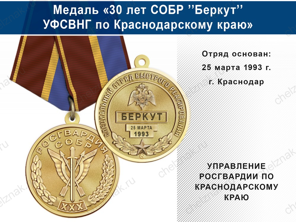 Медаль «30 лет СОБР "Беркут" СОБР УФСВНГ по Краснодарскому краю» с бланком удостоверения