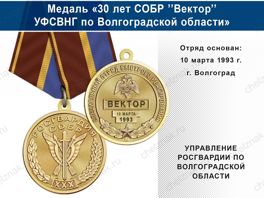 Медаль «30 лет СОБР "Вектор" СОБР УФСВНГ по Волгоградской области» с бланком удостоверения
