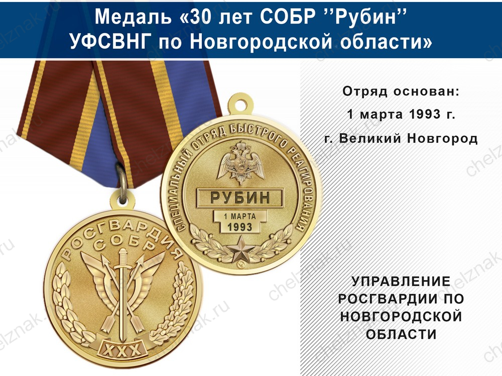 Медаль «30 лет СОБР "Рубин" СОБР УФСВНГ по Новгородской области» с бланком удостоверения