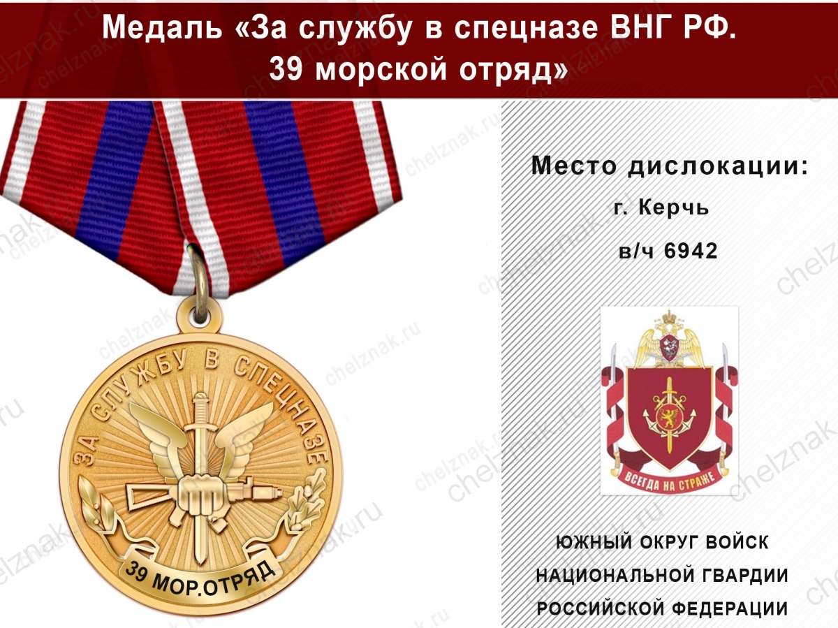 Медаль «За службу в Спецназе. 39 морской отряд» с бланком удостоверения