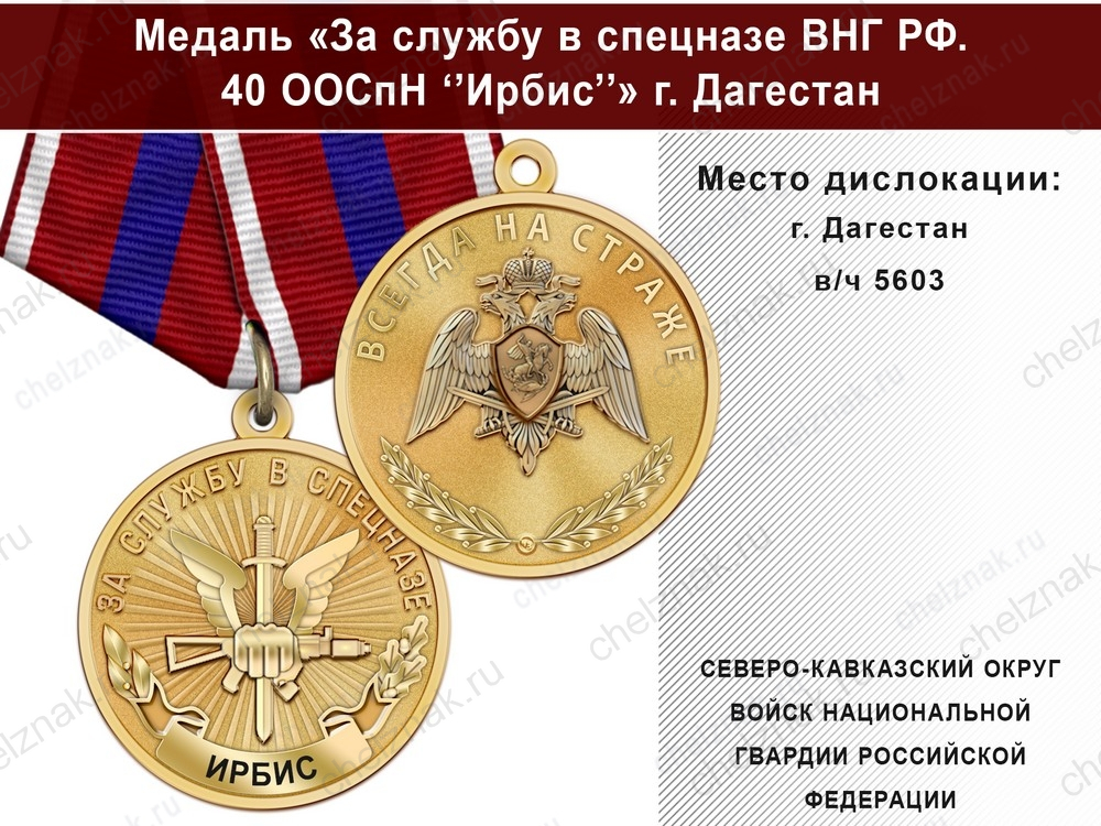 Медаль «За службу в Спецназе. 40 ООСпН "Ирбис"» с бланком удостоверения