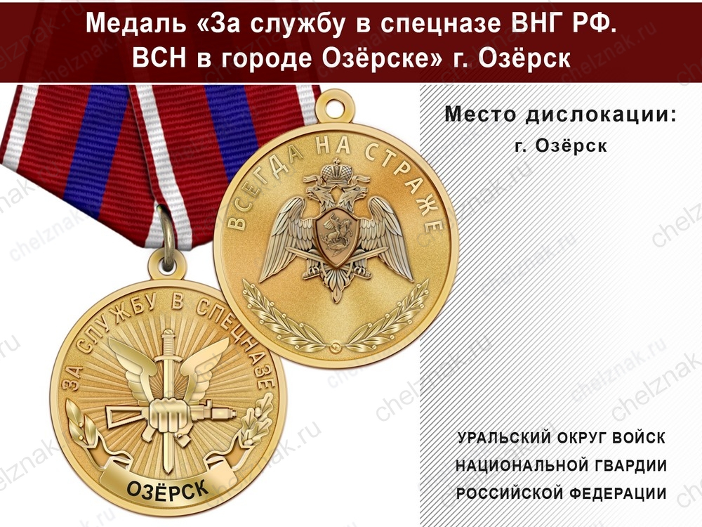 Медаль «За службу в Спецназе. ВСН в городе Озёрске» с бланком удостоверения
