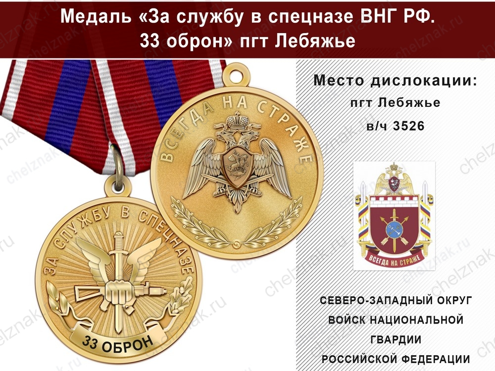 Медаль «За службу в 33 ОБрОН» с бланком удостоверения