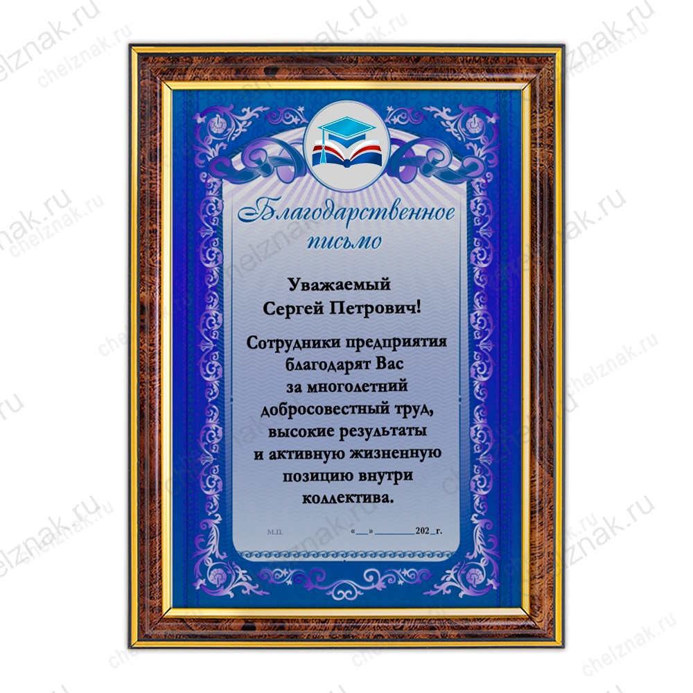Благодарственное письмо, диплом, грамота в пластиковой рамке В008.1