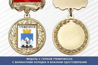 Медаль с гербом города Гремячинска Пермского края с бланком удостоверения