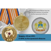 Медаль «30 лет ГУ МЧС России по Костромской области» с бланком удостоверения