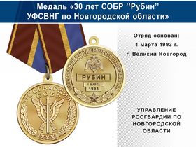 Медаль «30 лет СОБР "Рубин" СОБР УФСВНГ по Новгородской области» с бланком удостоверения