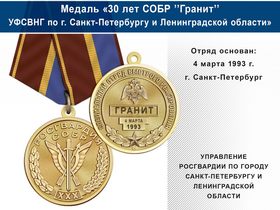 Медаль «30 лет СОБР "Гранит" СОБР УФСВНГ по городу Санкт-Петербургу и Ленинградской области» с бланком удостоверения