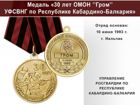 Медаль «30 лет ОМОН "Гром" УФСВНГ по Республике Кабардино-Балкария» с бланком удостоверения