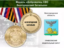 Медаль «Доброволец СВО из Белгородского батальона» с бланком удостоверения