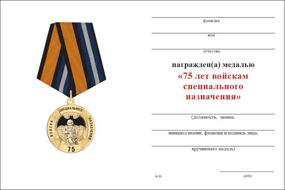 Обратная сторона награды Медаль «75 лет войскам специального назначения (Спецназ)» с бланком удостоверения