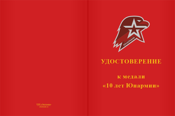 Лицевая сторона награды Медаль «10 лет Юнармии» с бланком удостоверения