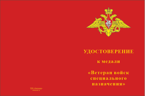 Лицевая сторона награды Медаль «Ветеран войск специального назначения» с бланком удостоверения