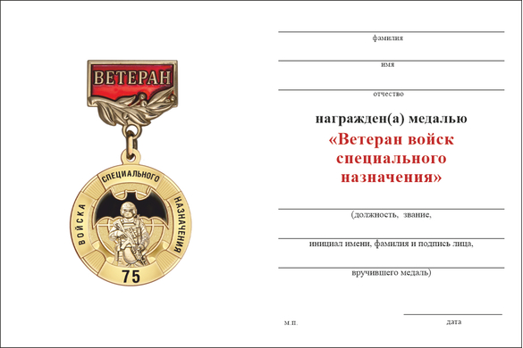 Обратная сторона награды Медаль «Ветеран войск специального назначения» с бланком удостоверения