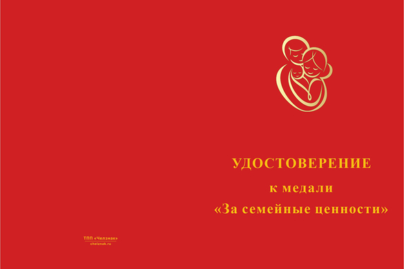 Лицевая сторона награды Медаль «За сохранение семейных ценностей» с бланком удостоверения