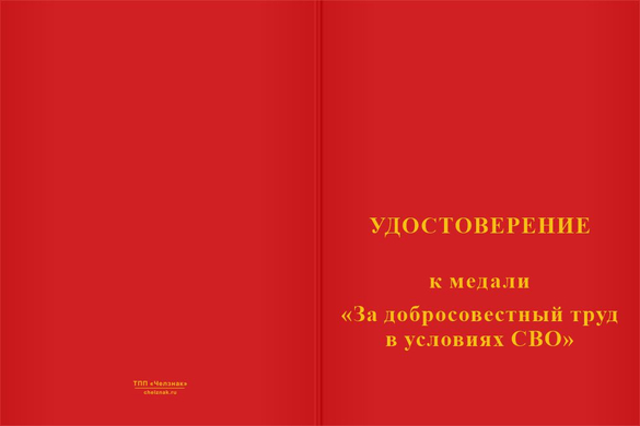 Лицевая сторона награды Медаль «За добросовестный труд в условиях СВО» с бланком удостоверения