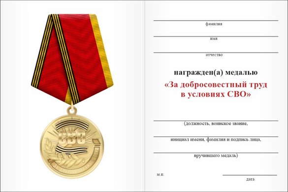 Обратная сторона награды Медаль «За добросовестный труд в условиях СВО» с бланком удостоверения