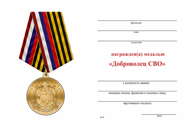 Обратная сторона награды Медаль «Доброволец СВО из Северной Осетии — Алании» с бланком удостоверения