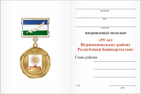 Обратная сторона награды Медаль «95 лет Нуримановскому району Республики Башкортостан. Почётный гражданин» с бланком удостоверения