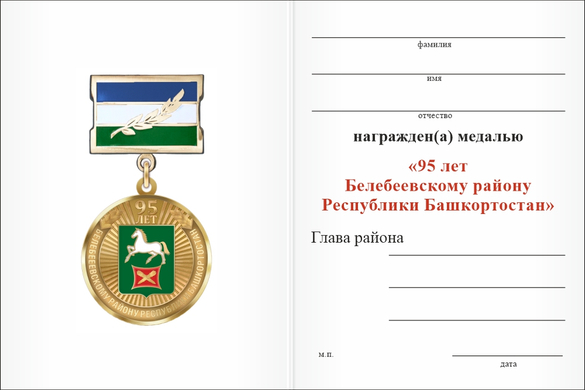 Обратная сторона награды Медаль «95 лет Белебеевскому району Республики Башкортостан. За заслуги» с бланком удостоверения