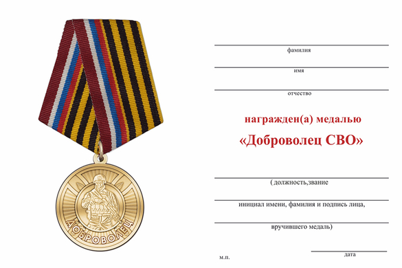 Обратная сторона награды Медаль «Доброволец СВО» с бланком удостоверения