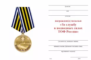Обратная сторона награды Медаль «За службу в подводных силах ТОФ ВМФ России» с бланком удостоверения