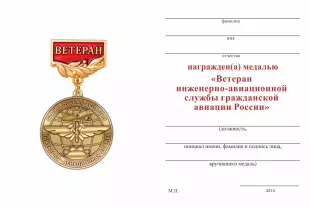 Обратная сторона награды Медаль «Ветеран инженерно-авиационной службы ГА» с бланком удостоверения