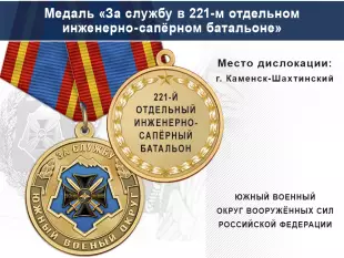 Лицевая сторона награды Медаль «За службу в 221-м отдельном инженерно-сапёрном батальоне» с бланком удостоверения
