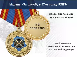 Лицевая сторона награды Медаль «За службу в 17-м полку РХБЗ» с бланком удостоверения