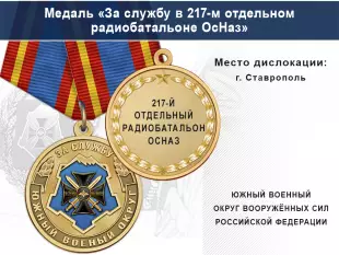 Лицевая сторона награды Медаль «За службу в 217-м отдельном радиобатальоне ОсНаз » с бланком удостоверения