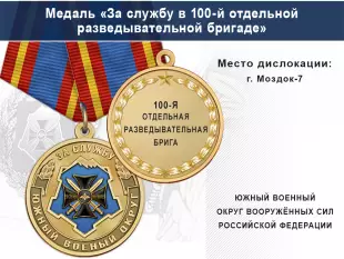 Лицевая сторона награды Медаль «За службу в 100-й отдельной разведывательной бригаде» с бланком удостоверения
