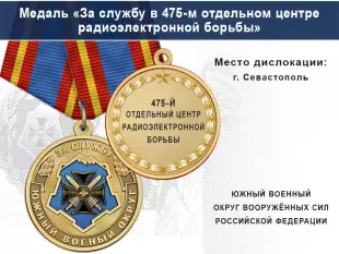Лицевая сторона награды Медаль «За службу в 475-м отдельном центре радиоэлектронной борьбы» с бланком удостоверения