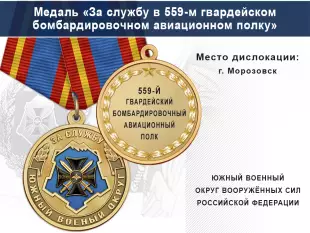 Лицевая сторона награды Медаль «За службу в 559-м гвардейском бомбардировочном авиационном полку» с бланком удостоверения