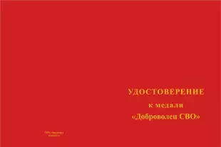 Лицевая сторона награды Медаль «Доброволец СВО из Ненецкого автономный округ» с бланком удостоверения
