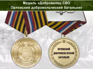 Лицевая сторона награды Медаль «Доброволец СВО из Орловского добровольческого батальона» с бланком удостоверения