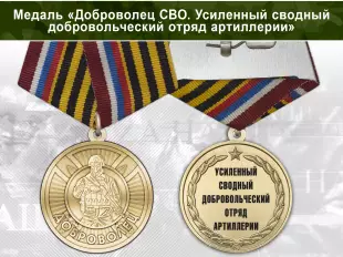 Лицевая сторона награды Медаль «Доброволец СВО из усиленного сводного добровольческого отряда артиллерии» с бланком удостоверения