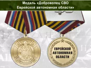 Лицевая сторона награды Медаль «Доброволец СВО из Еврейской автономной области» с бланком удостоверения