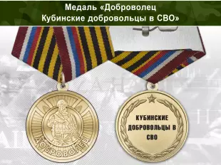 Лицевая сторона награды Медаль «Доброволец СВО из Кубинские добровольцы в СВО» с бланком удостоверения