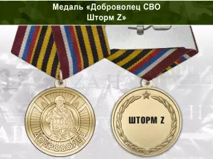 Лицевая сторона награды Медаль «Доброволец СВО из "Шторм Z"» с бланком удостоверения