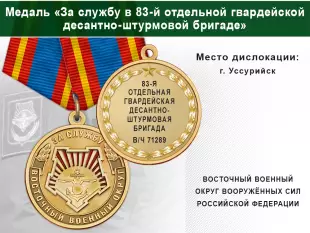 Лицевая сторона награды Медаль «За службу в 83-й отдельной гвардейской десантно-штурмовой бригаде» с бланком удостоверения