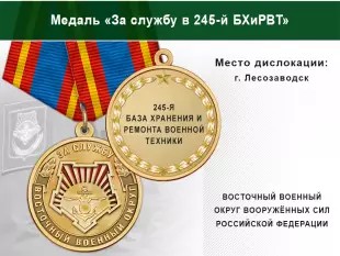 Лицевая сторона награды Медаль «За службу в 245-й БХиРВТ» с бланком удостоверения