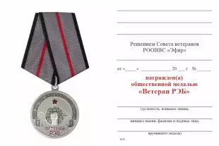 Обратная сторона награды Медаль «Ветеран радиоэлектронной борьбы - РЭБ» с бланком удостоверения