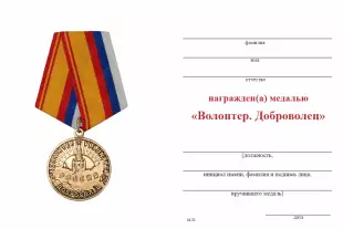 Обратная сторона награды Медаль «Волонтер. Доброволец» с бланком удостоверения
