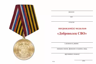 Обратная сторона награды Медаль «Доброволец СВО» с бланком удостоверения